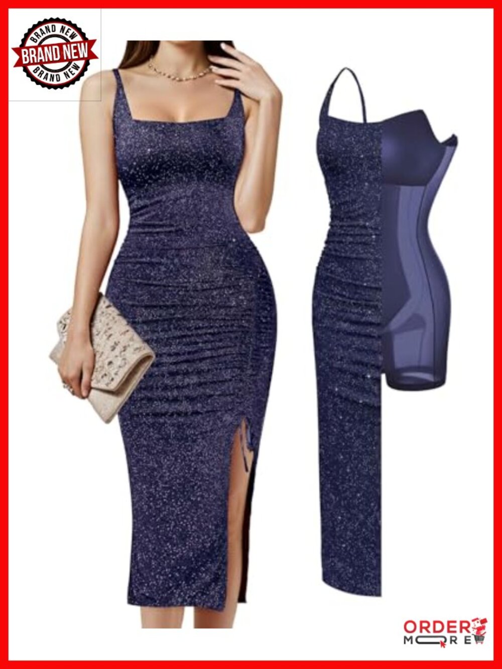 Sparkly Cocktail Dress with Shapewear Midi Square Neck Ruched Formal Gown